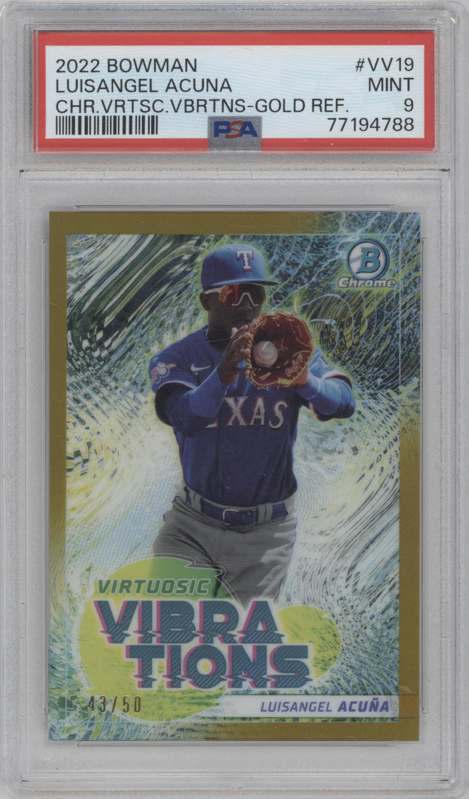 Luisangel Acuna from the 2022 Bowman set featuring a Gold Refractor parallel graded by PSA and given an overall grade of 9.
