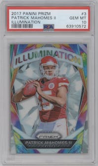 Patrick Mahomes II from the 2017 Panini Prizm set graded by PSA and given an overall grade of 10.
