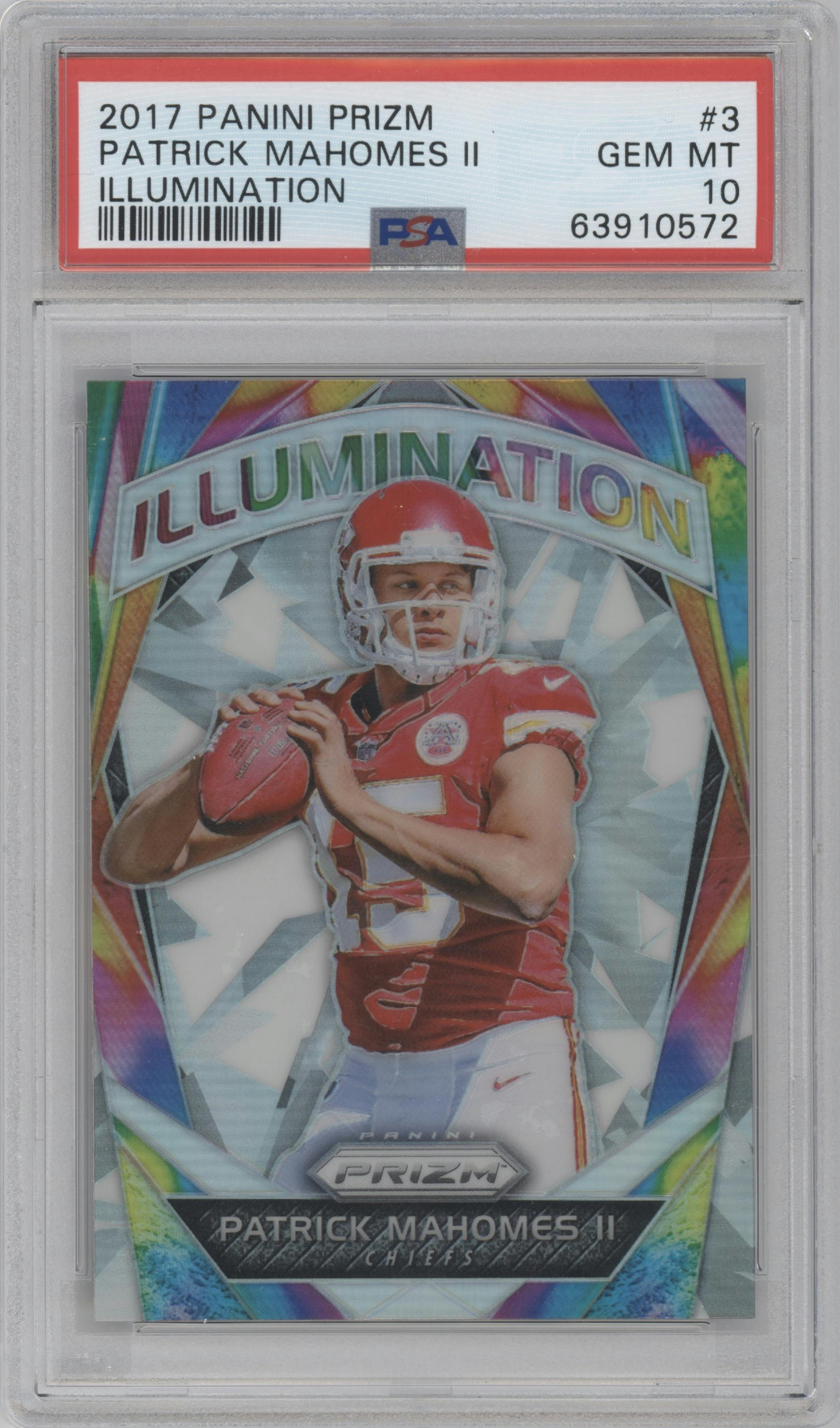 Patrick Mahomes II from the 2017 Panini Prizm set graded by PSA and given an overall grade of 10.