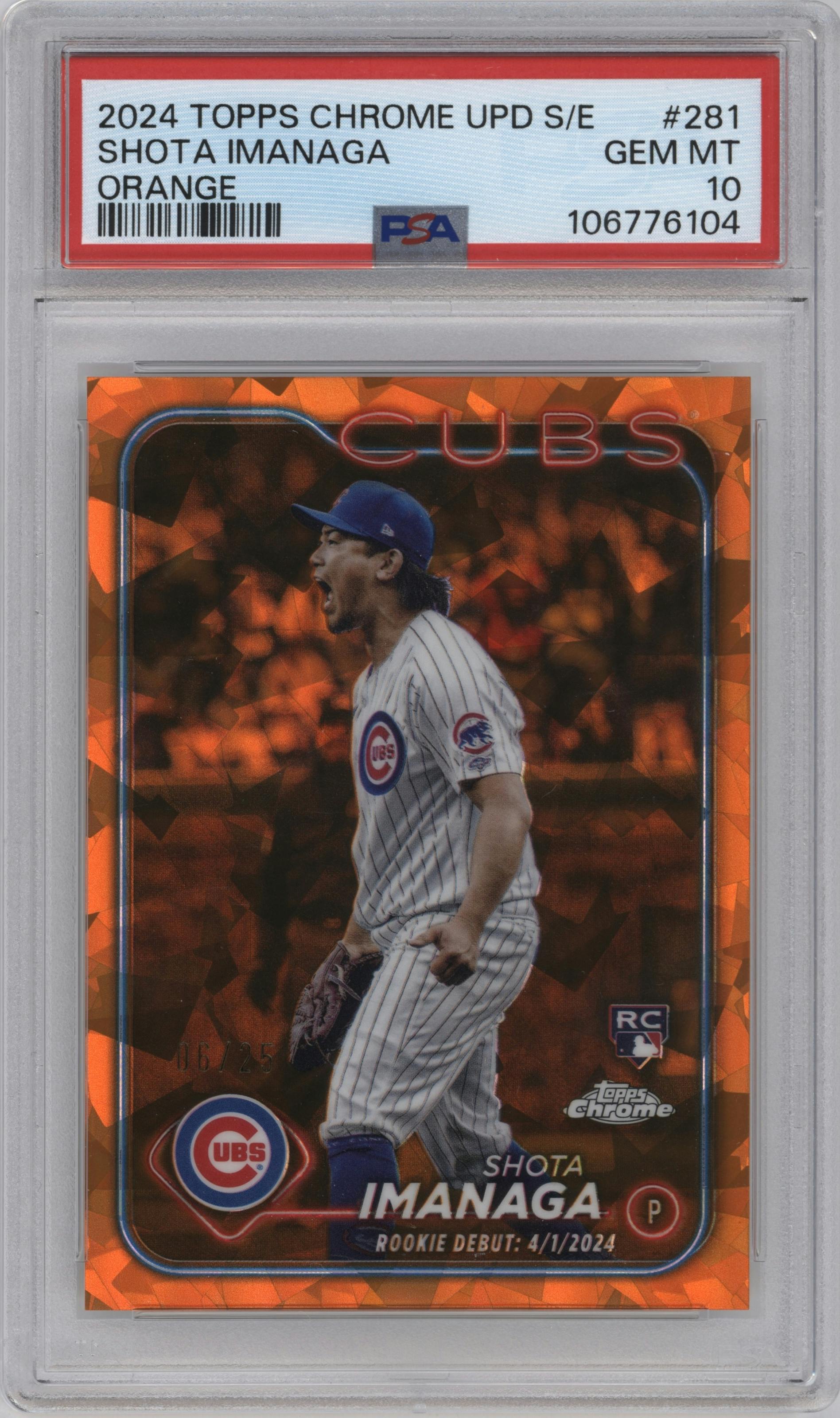 Shota Imanaga from the 2024 Topps Chrome Update Sapphire Edition set featuring a Orange Sapphire Refractor parallel graded by PSA and given an overall grade of 10.