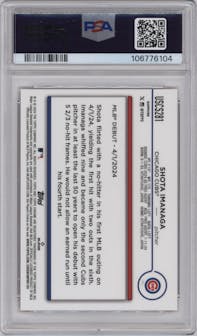 Shota Imanaga from the 2024 Topps Chrome Update Sapphire Edition set featuring a Orange Sapphire Refractor parallel graded by PSA and given an overall grade of 10.