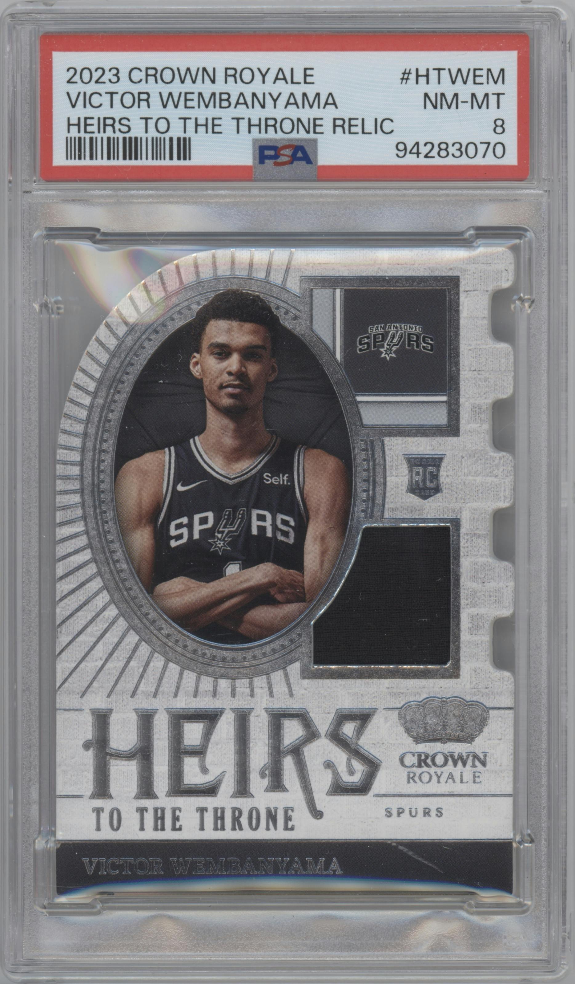 Victor Wembanyama from the 2023-24 Panini Crown Royale  set graded by PSA and given an overall grade of 8.