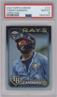 Junior Caminero from the 2024 Topps Chrome set graded by PSA and given an overall grade of 10.