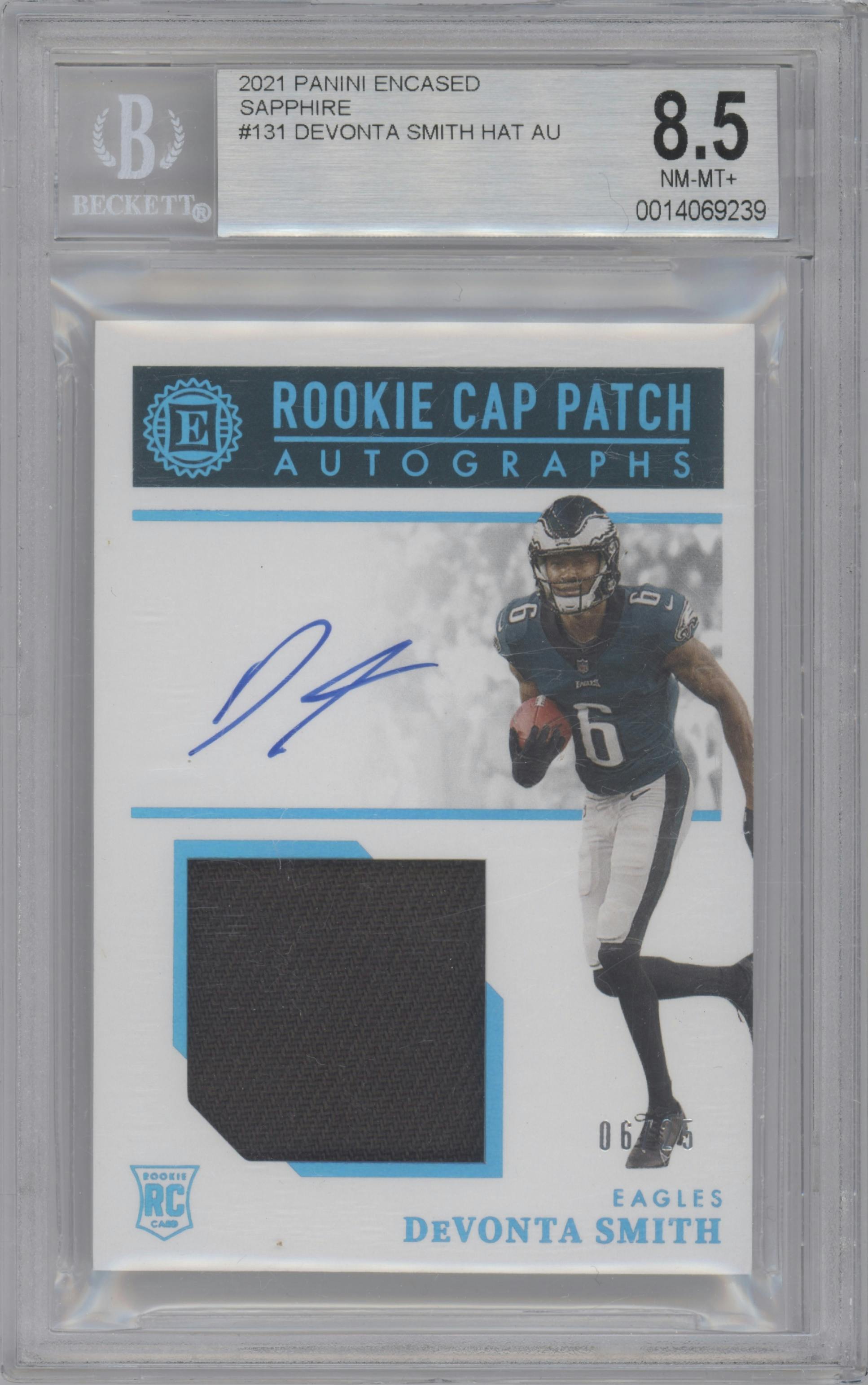DeVonta Smith from the 2021 Panini Encased set featuring a Sapphire parallel graded by Beckett and given an overall grade of 8.5.