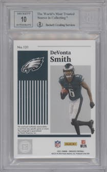DeVonta Smith from the 2021 Panini Encased set featuring a Sapphire parallel graded by Beckett and given an overall grade of 8.5.