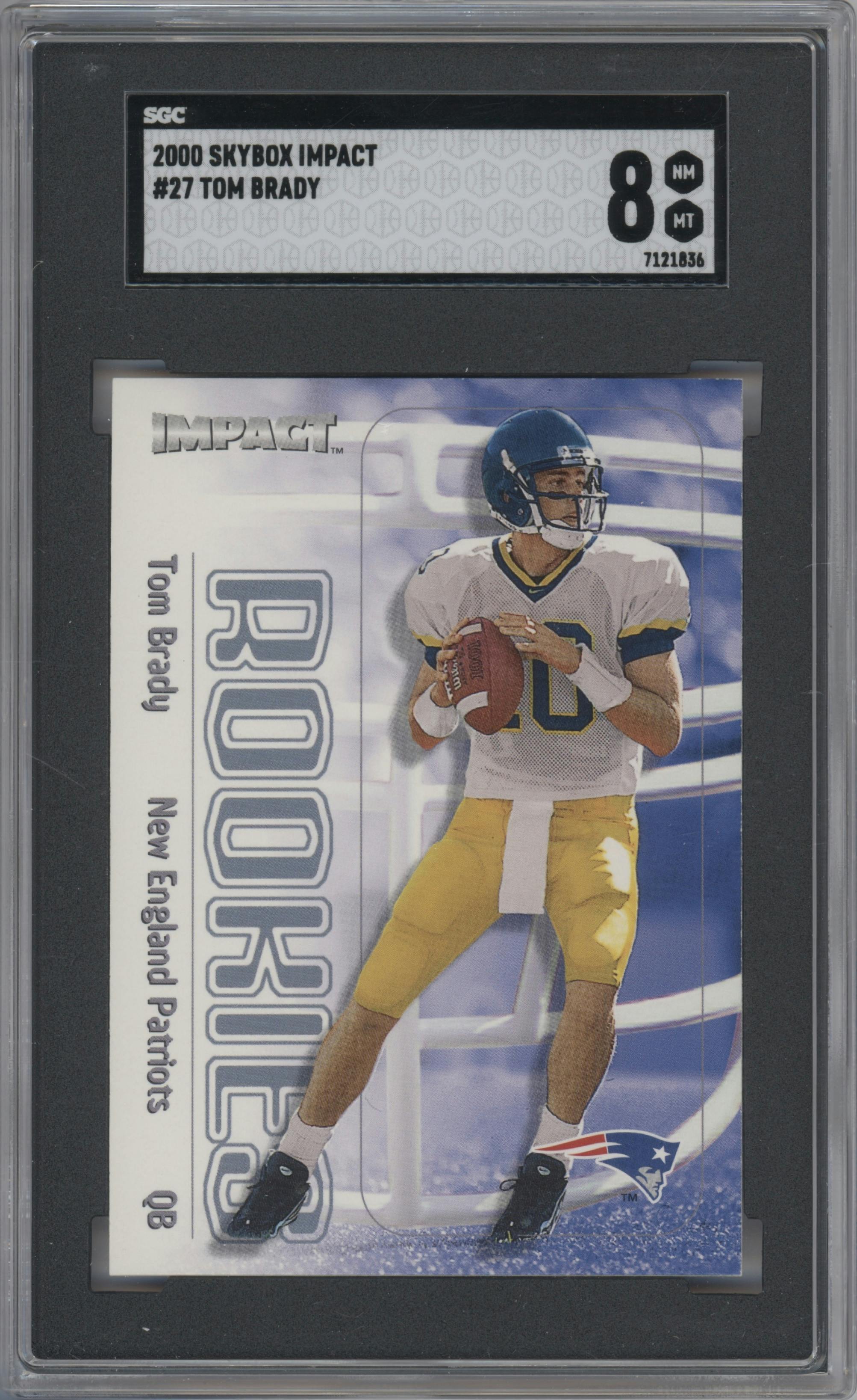 Tom Brady from the 2000 Impact  set graded by SGC and given an overall grade of 8.