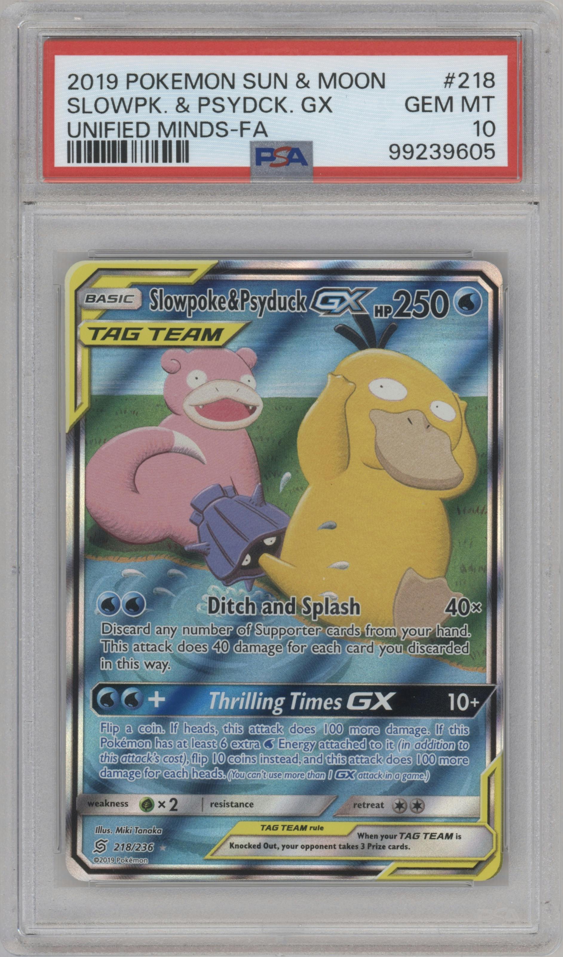 Slowpoke/Psyduck GX from the 2019 Pokemon S&M  set graded by PSA and given an overall grade of 10.