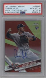 Aaron Judge from the 2017 Topps Chrome Update Series set featuring a Red Refractor parallel graded by PSA and given an overall grade of 10.