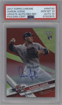 Aaron Judge from the 2017 Topps Chrome Update Series set featuring a Red Refractor parallel graded by PSA and given an overall grade of 10.