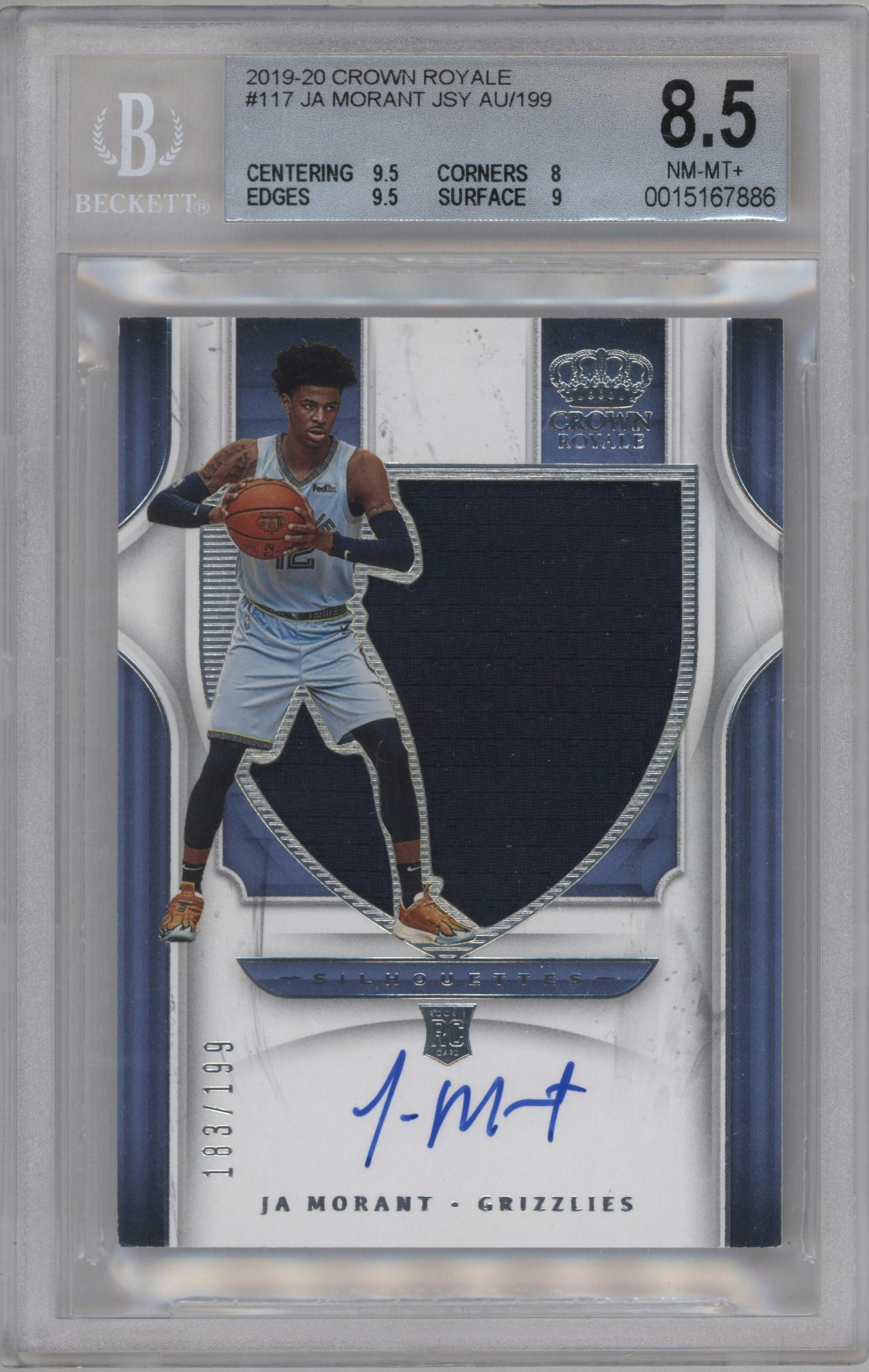 Ja Morant from the 2019-20 Panini Crown Royale set graded by Beckett and given an overall grade of 8.5.