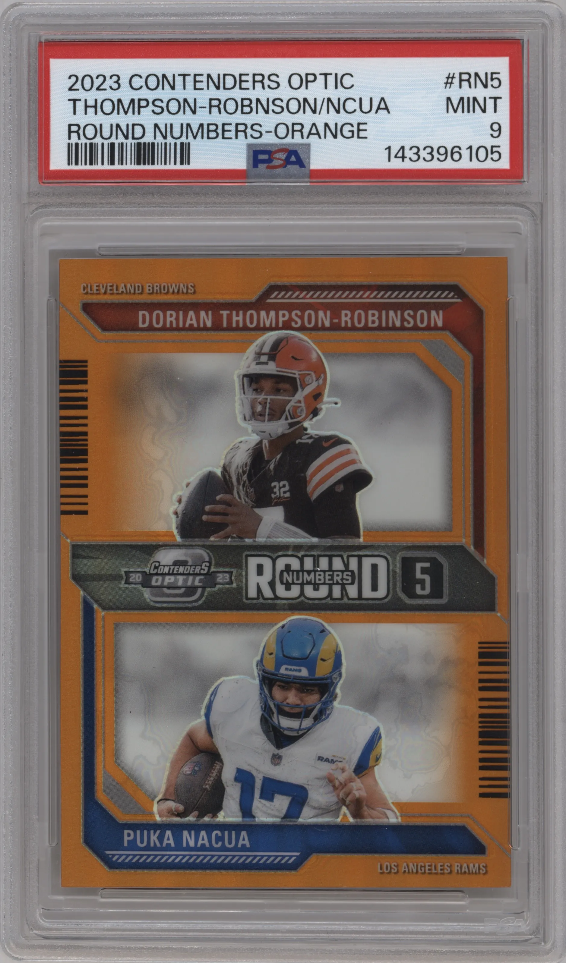2023 Panini Contenders Optic Round Numbers Dorian Thompson-Robinson / Puka Nacua Orange #RN-5 PSA 9