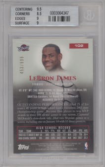 LeBron James from the 2003-04 Topps Pristine  set graded by Beckett and given an overall grade of 9.