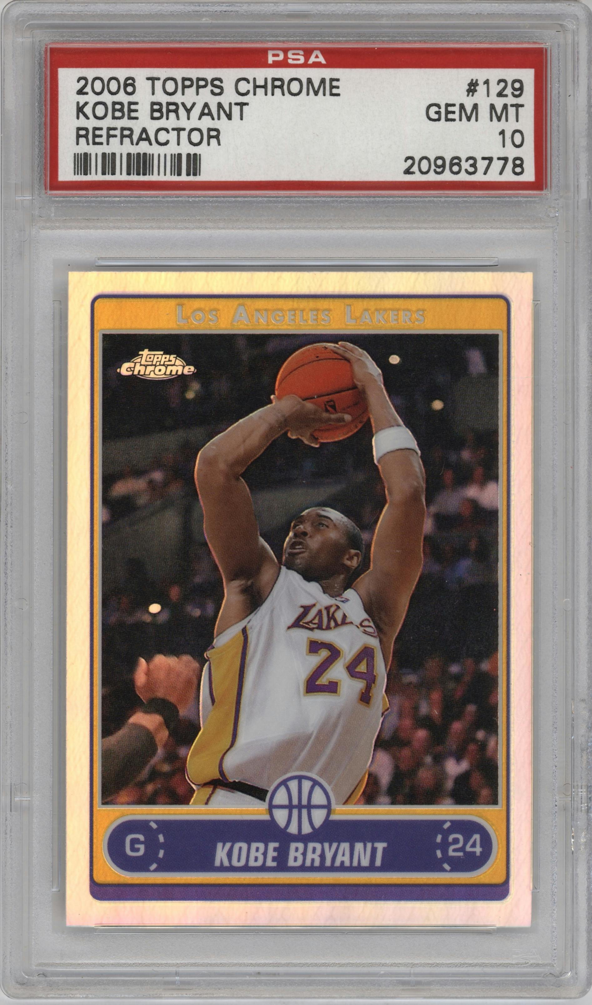 Kobe Bryant from the 2006-07 Topps Chrome set featuring a Refractor parallel graded by PSA and given an overall grade of 10.