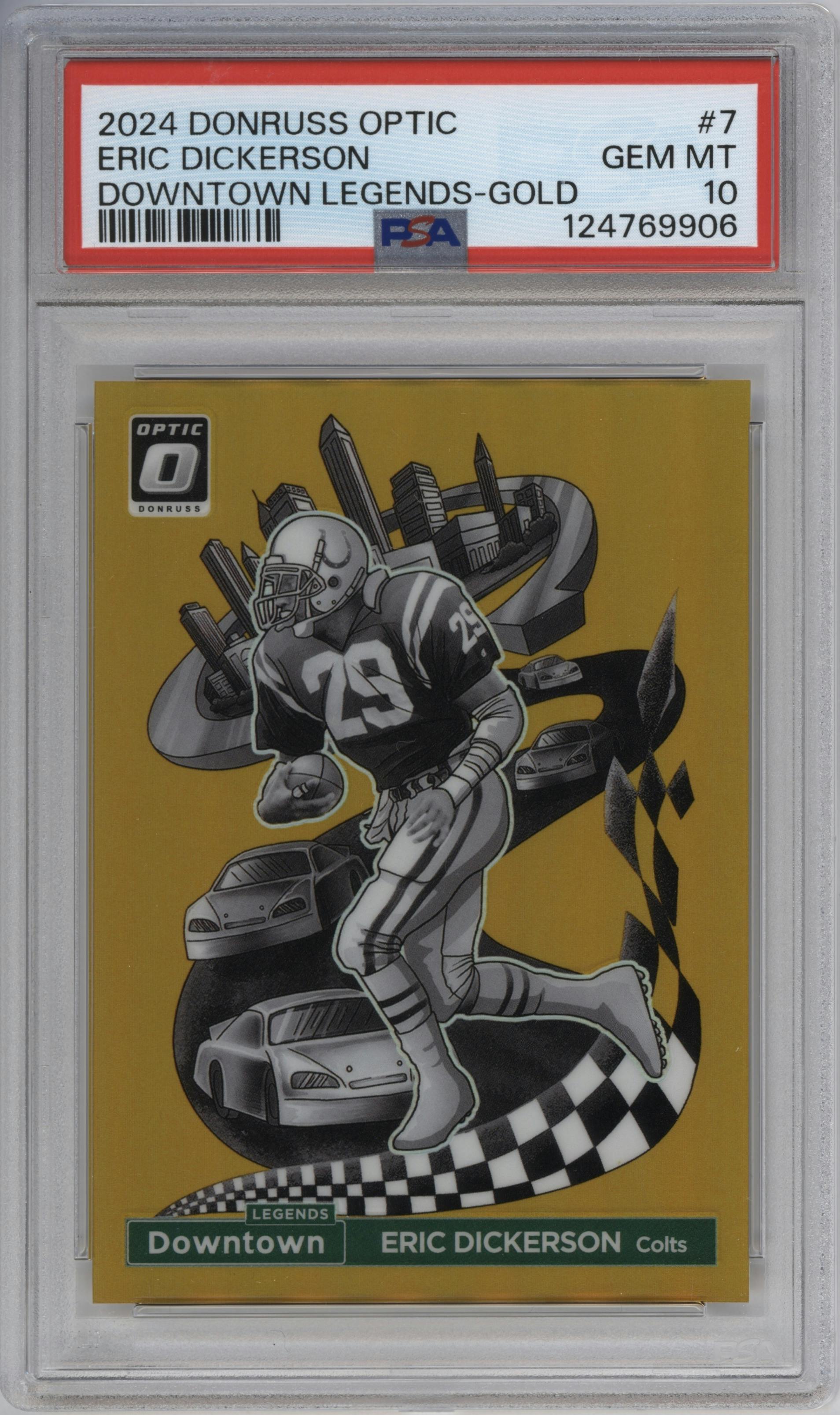 Eric Dickerson from the 2024 Donruss Optic set featuring a Gold parallel graded by PSA and given an overall grade of 10.
