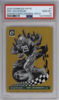 Eric Dickerson from the 2024 Donruss Optic set featuring a Gold parallel graded by PSA and given an overall grade of 10.