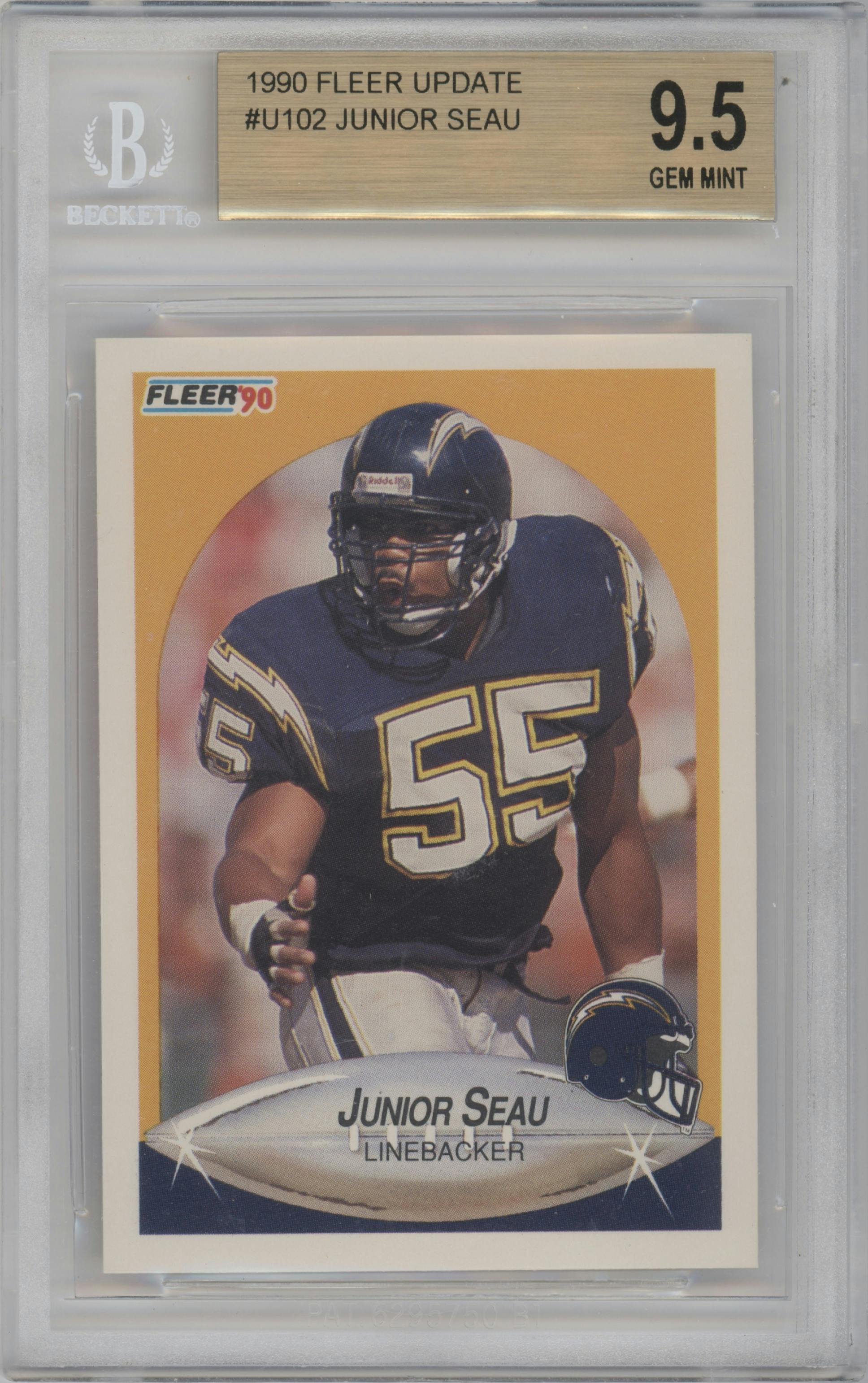 Junior Seau from the 1990 Fleer Update set graded by Beckett and given an overall grade of 9.5.