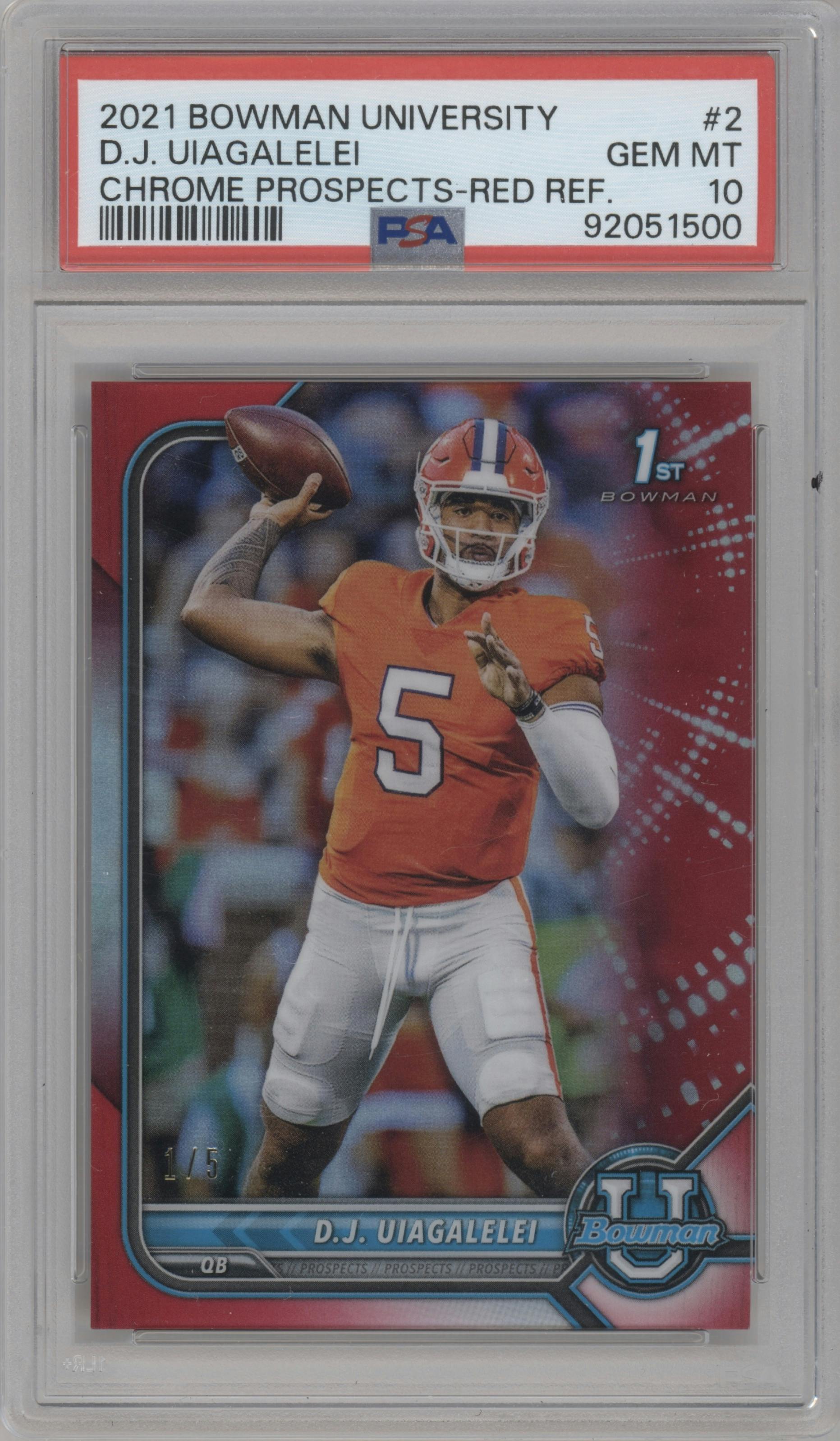 D.J. Uiagalelei from the 2021-22 Bowman University set featuring a Red Refractor parallel graded by PSA and given an overall grade of 10.
