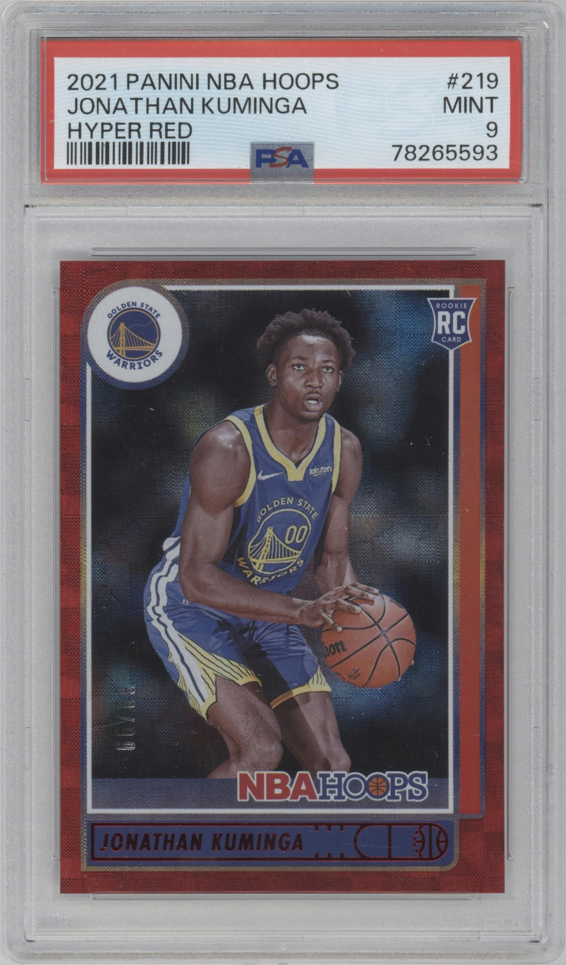 Jonathan Kuminga from the 2021-22 Panini NBA Hoops set featuring a Hyper Red parallel graded by PSA and given an overall grade of 9.