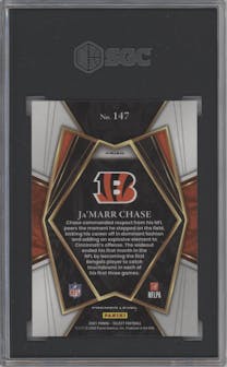 Ja'Marr Chase from the 2021 Panini Select set featuring a Silver Prizm parallel graded by SGC and given an overall grade of 10.