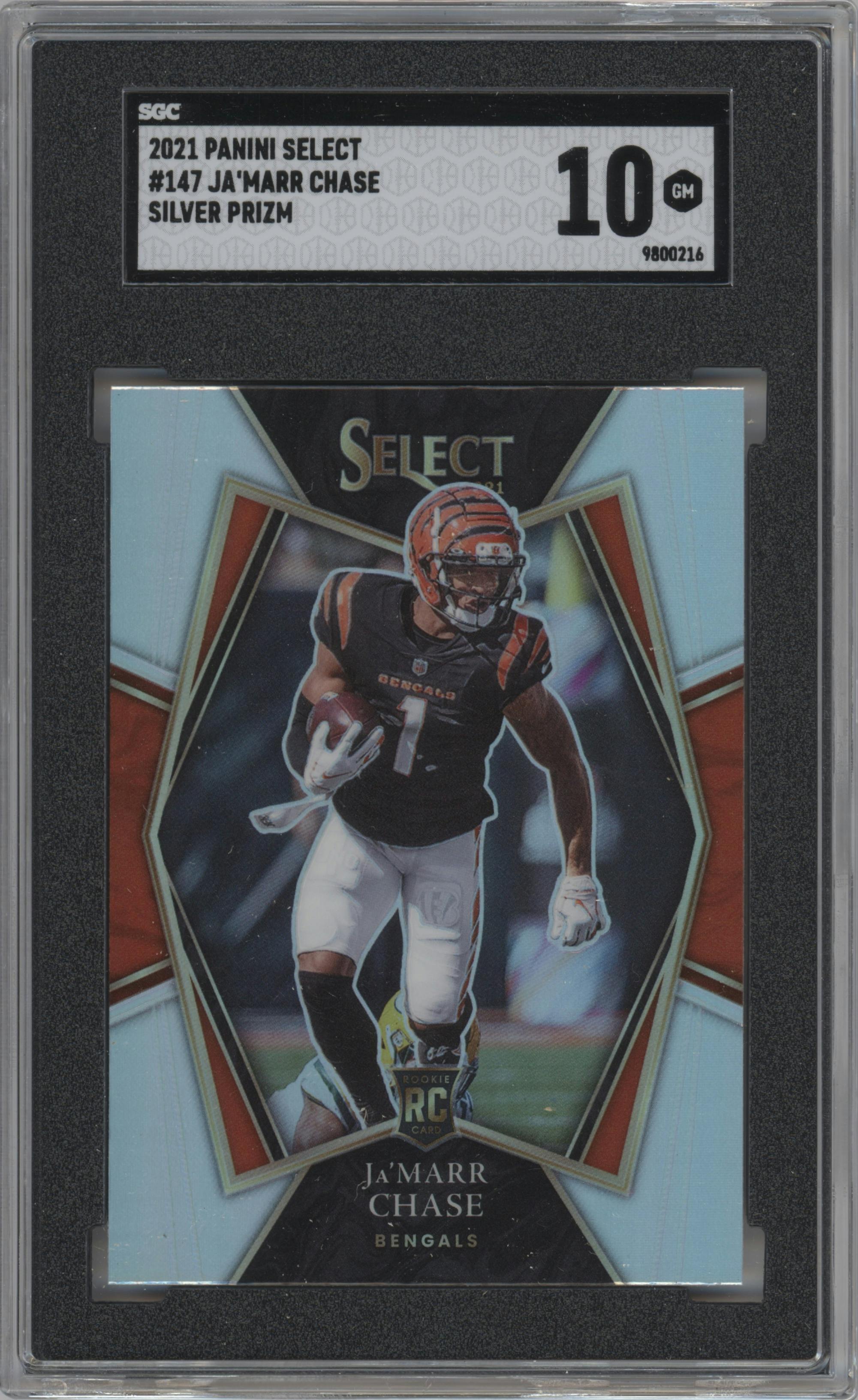 Ja'Marr Chase from the 2021 Panini Select set featuring a Silver Prizm parallel graded by SGC and given an overall grade of 10.