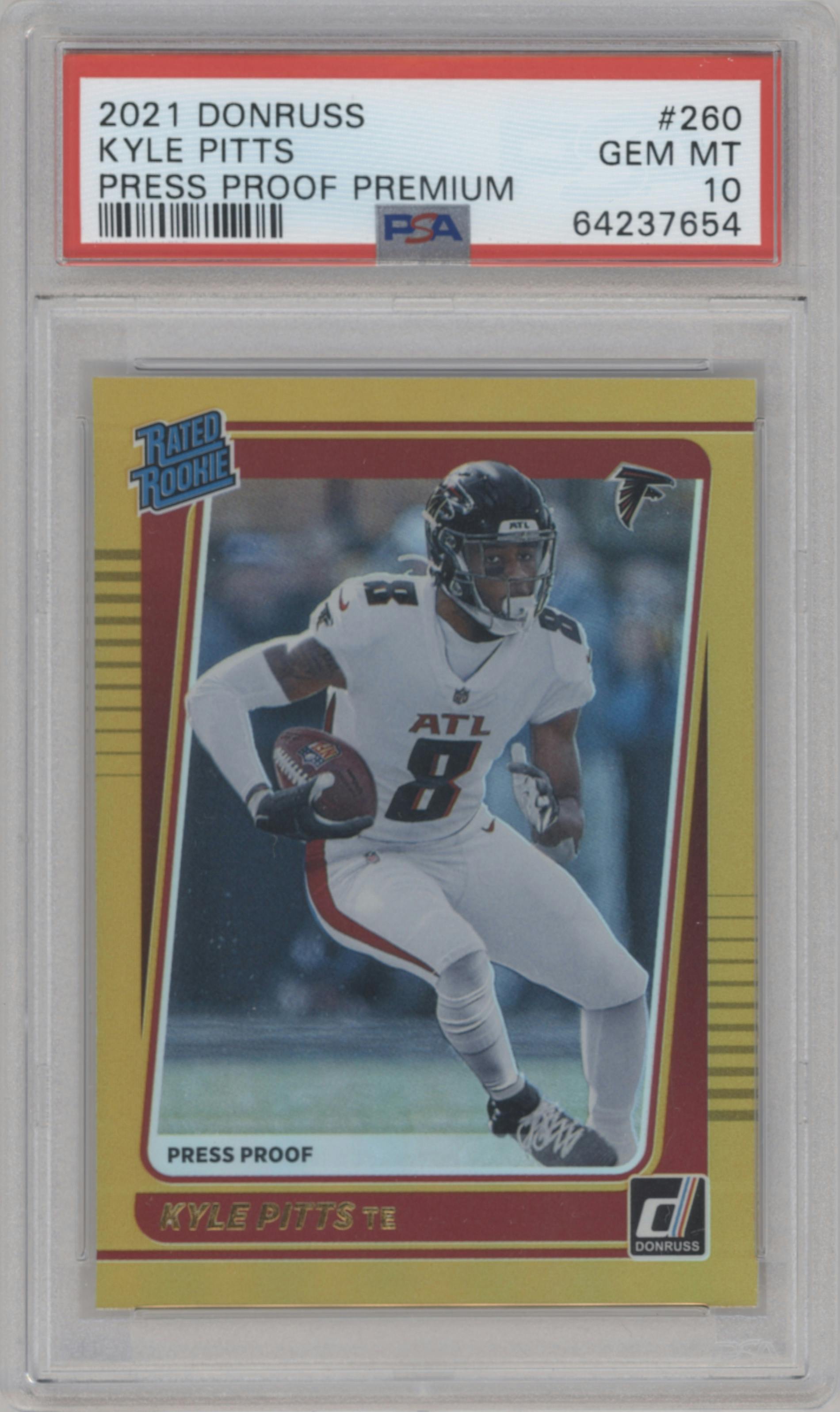 Kyle Pitts from the 2021 Panini Donruss set featuring a Press Proof Premium parallel graded by PSA and given an overall grade of 10.