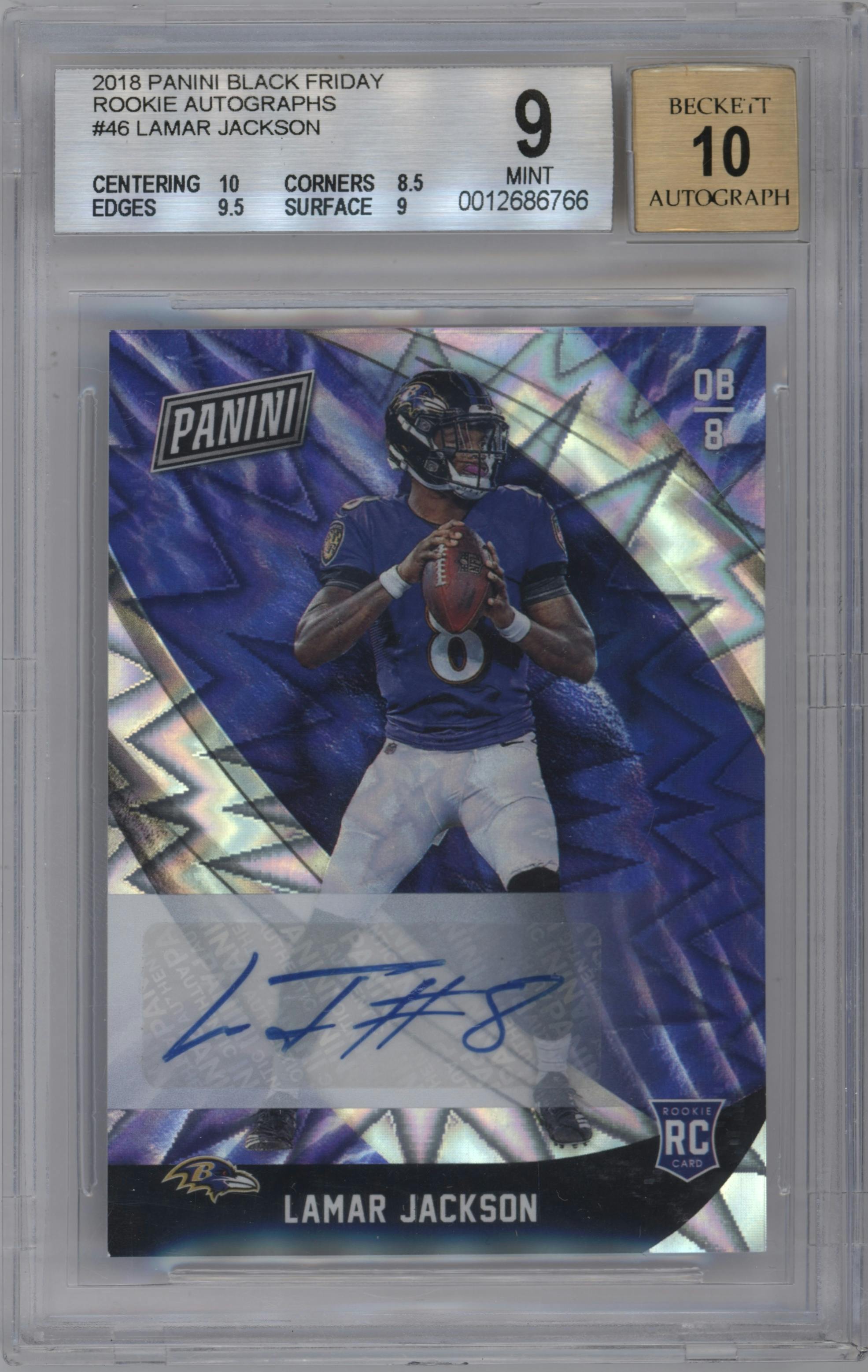 Lamar Jackson from the 2018 Panini Black Friday set graded by Beckett and given an overall grade of 9.