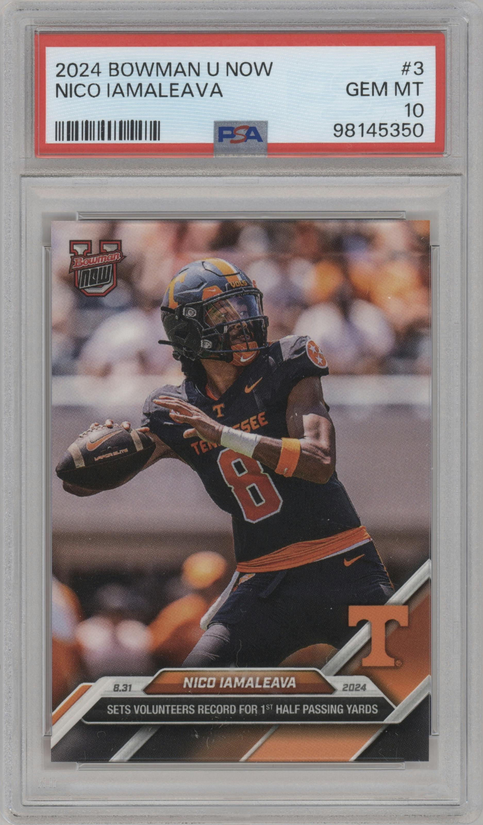 Nico Iamaleava from the 2024 Bowman U Now set graded by PSA and given an overall grade of 10.