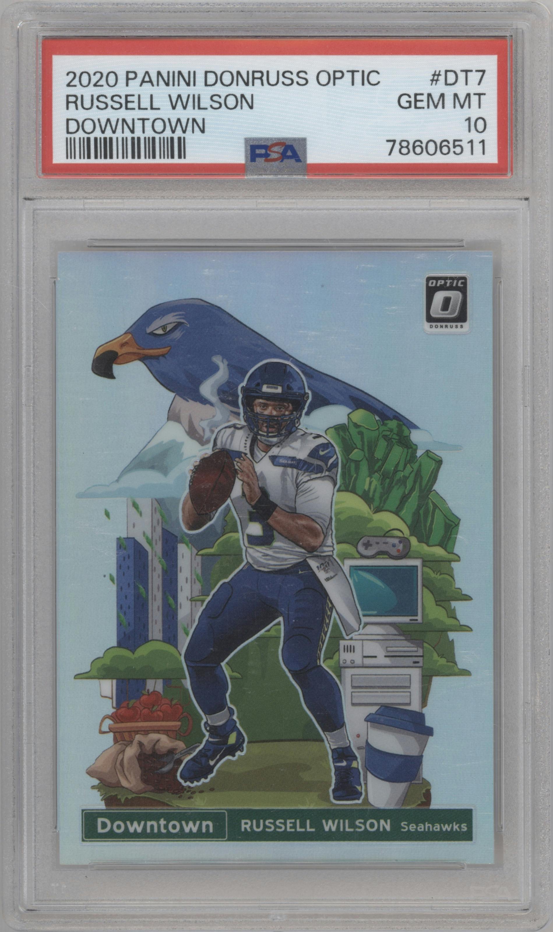 Russell Wilson from the 2020 Panini Donruss Optic set graded by PSA and given an overall grade of 10.