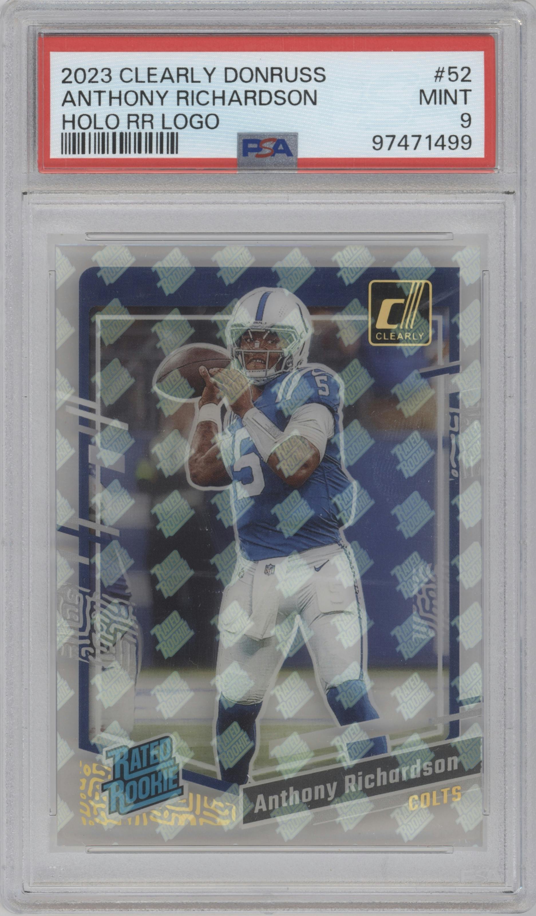 Anthony Richardson from the 2023 Clearly Donruss set featuring a Holo Rated Rookie Logo parallel graded by PSA and given an overall grade of 9.