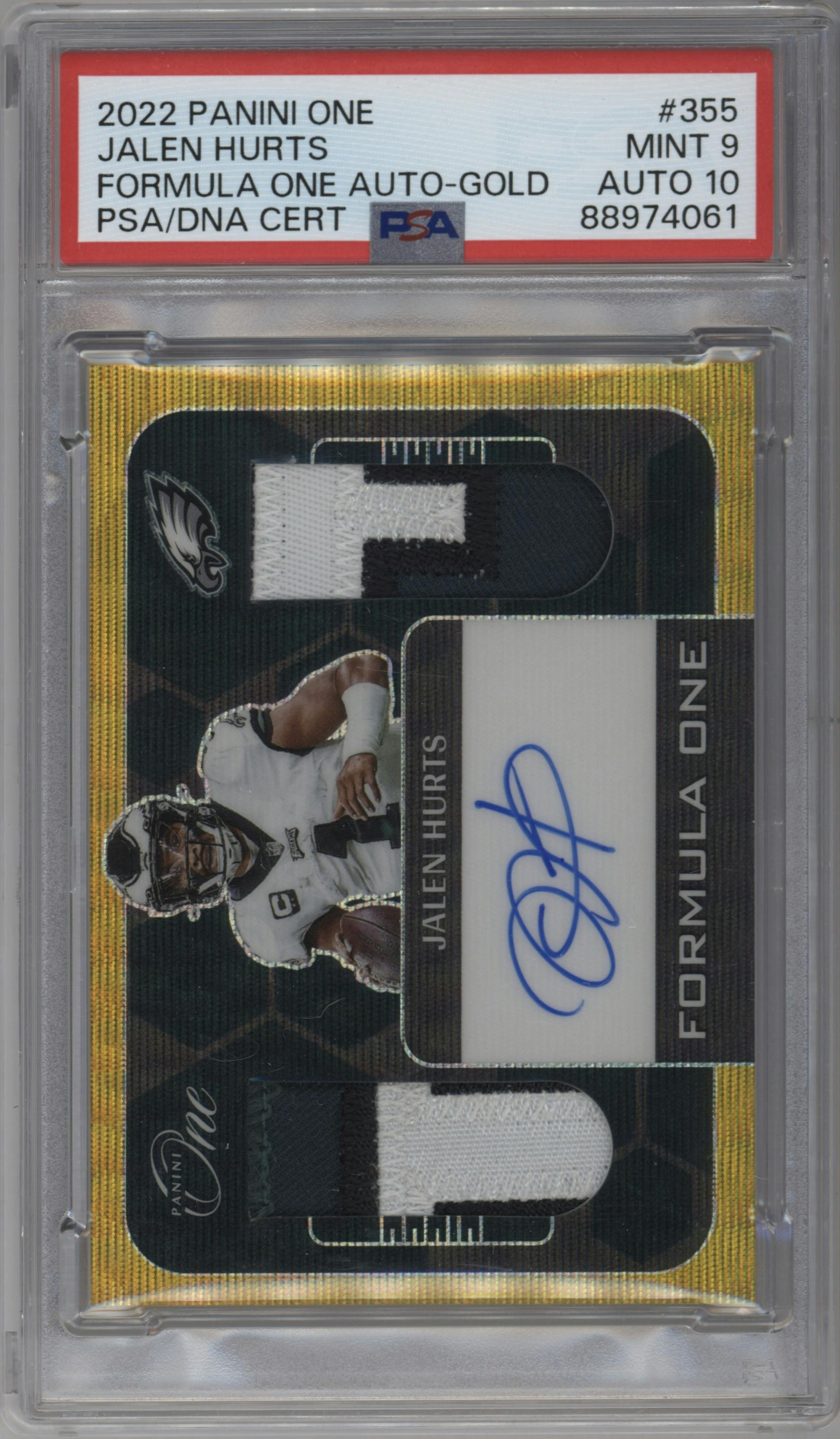 Jalen Hurts from the 2022 Panini One set featuring a Gold parallel graded by PSA and given an overall grade of 9.