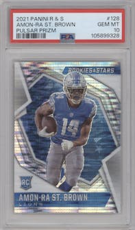 Amon-Ra St. Brown from the 2021 Panini Rookies & Stars set featuring a Pulsar  parallel graded by PSA and given an overall grade of 10.