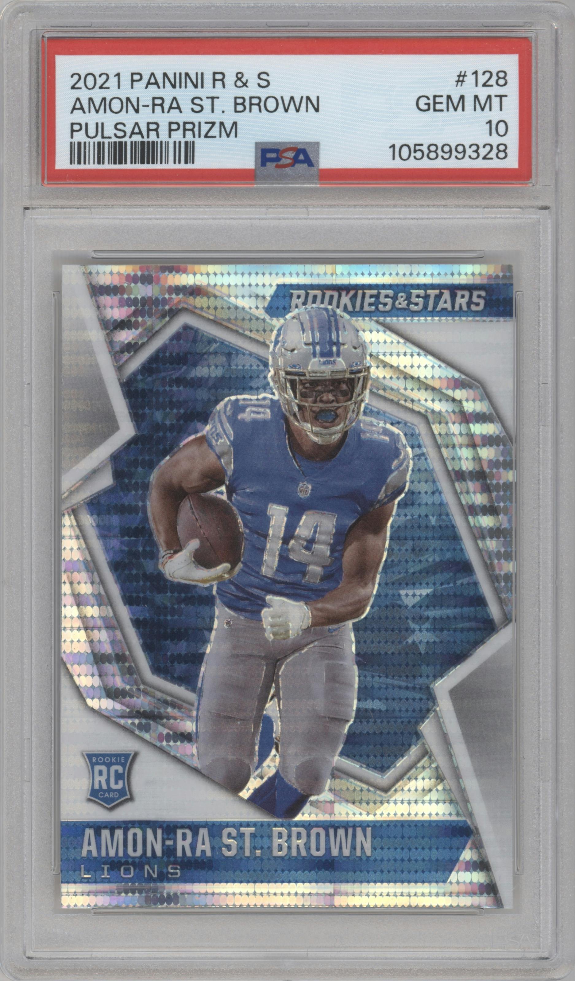 Amon-Ra St. Brown from the 2021 Panini Rookies & Stars set featuring a Pulsar  parallel graded by PSA and given an overall grade of 10.