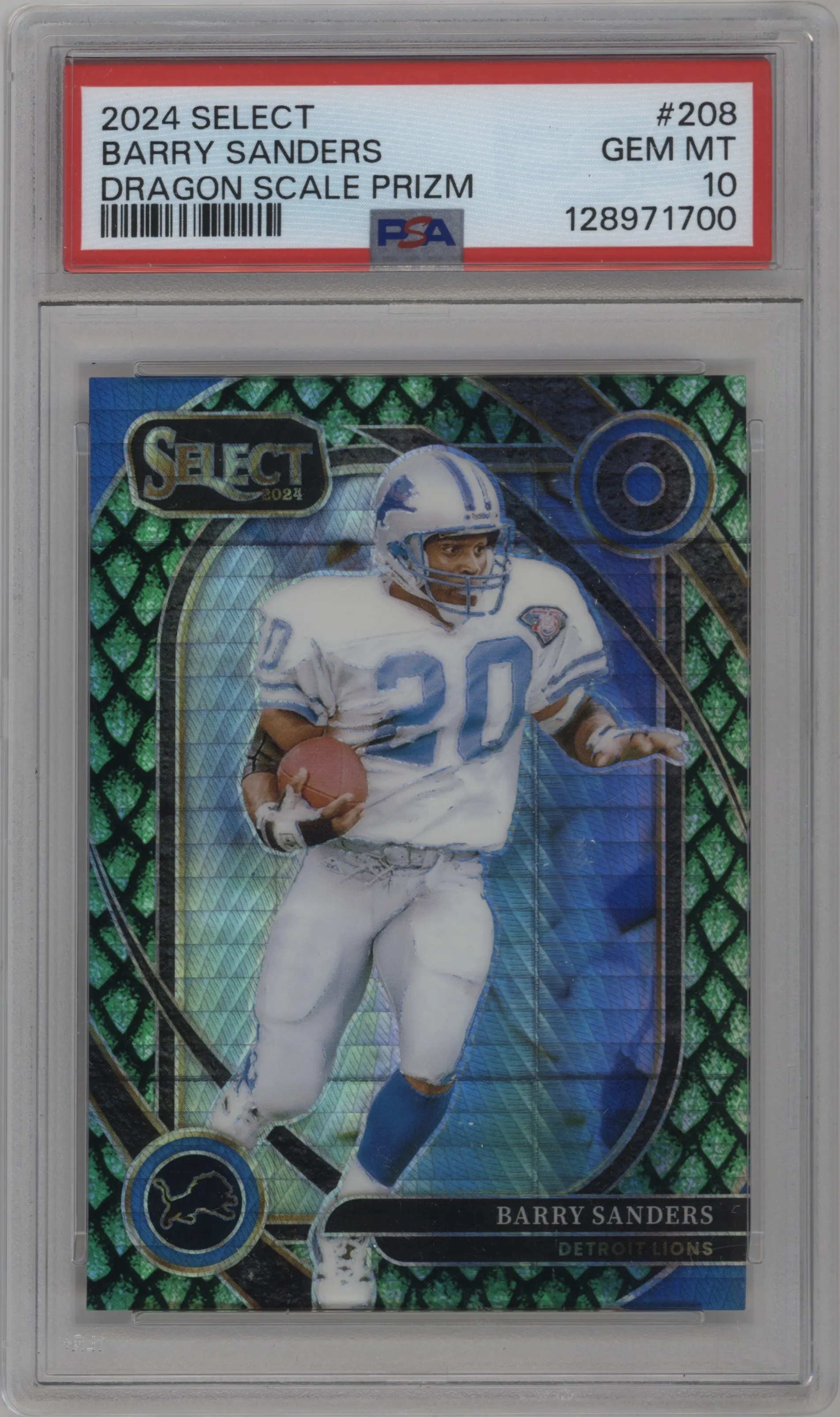 2024 Panini Select Club Lvl. Barry Sanders Dragon Scale Prizm #208 PSA 10