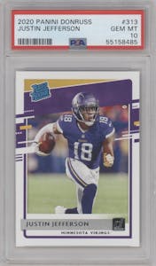 Justin Jefferson from the 2020 Panini Donruss set graded by PSA and given an overall grade of 10.