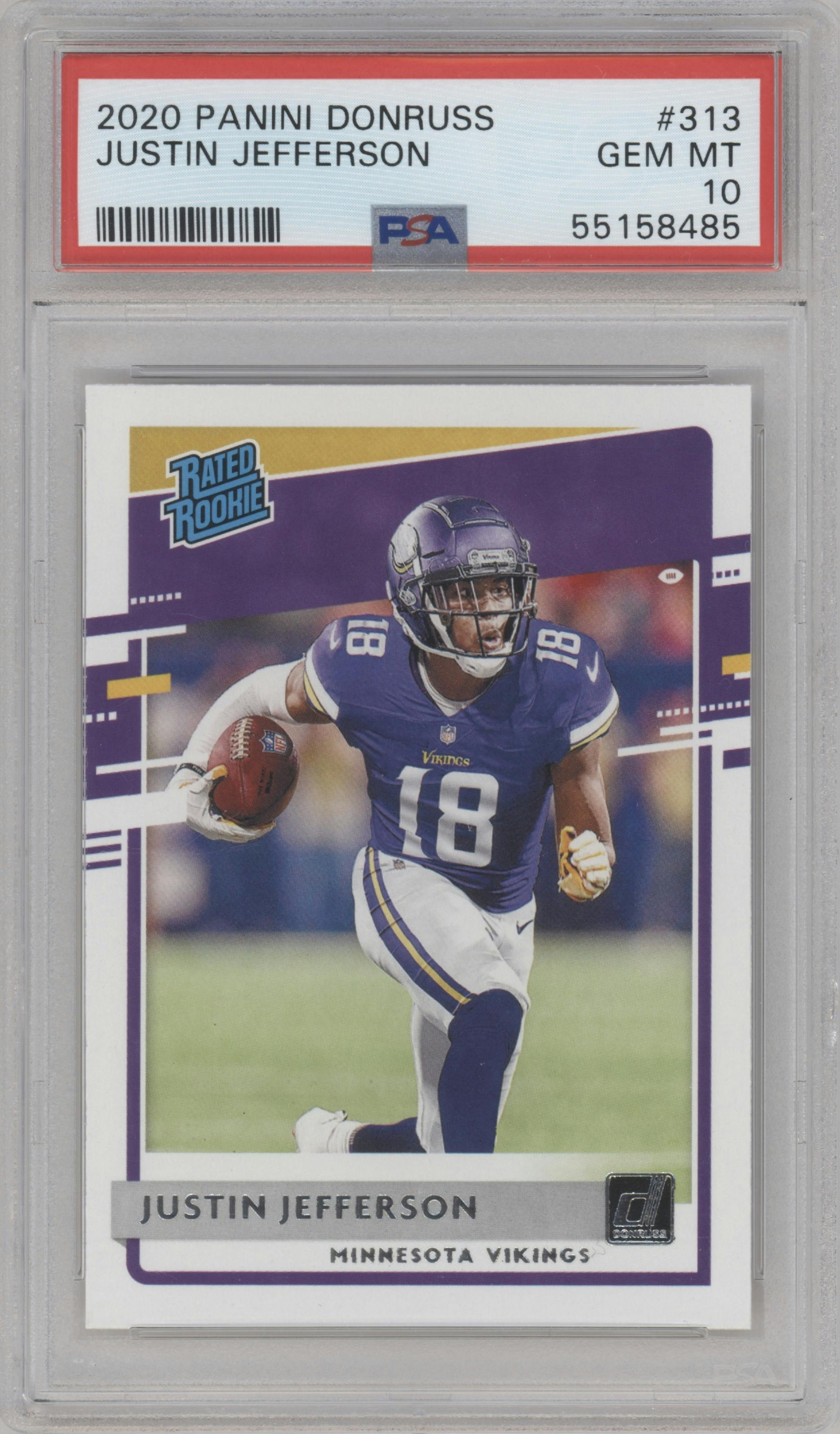 Justin Jefferson from the 2020 Panini Donruss set graded by PSA and given an overall grade of 10.