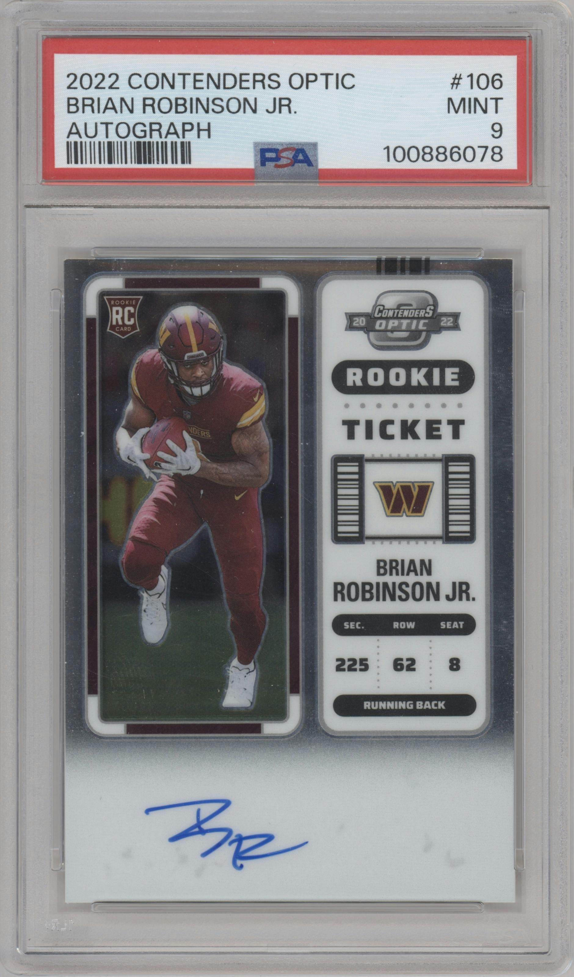 Brian Robinson Jr. from the 2022 Panini Contenders Optic set graded by PSA and given an overall grade of 9.