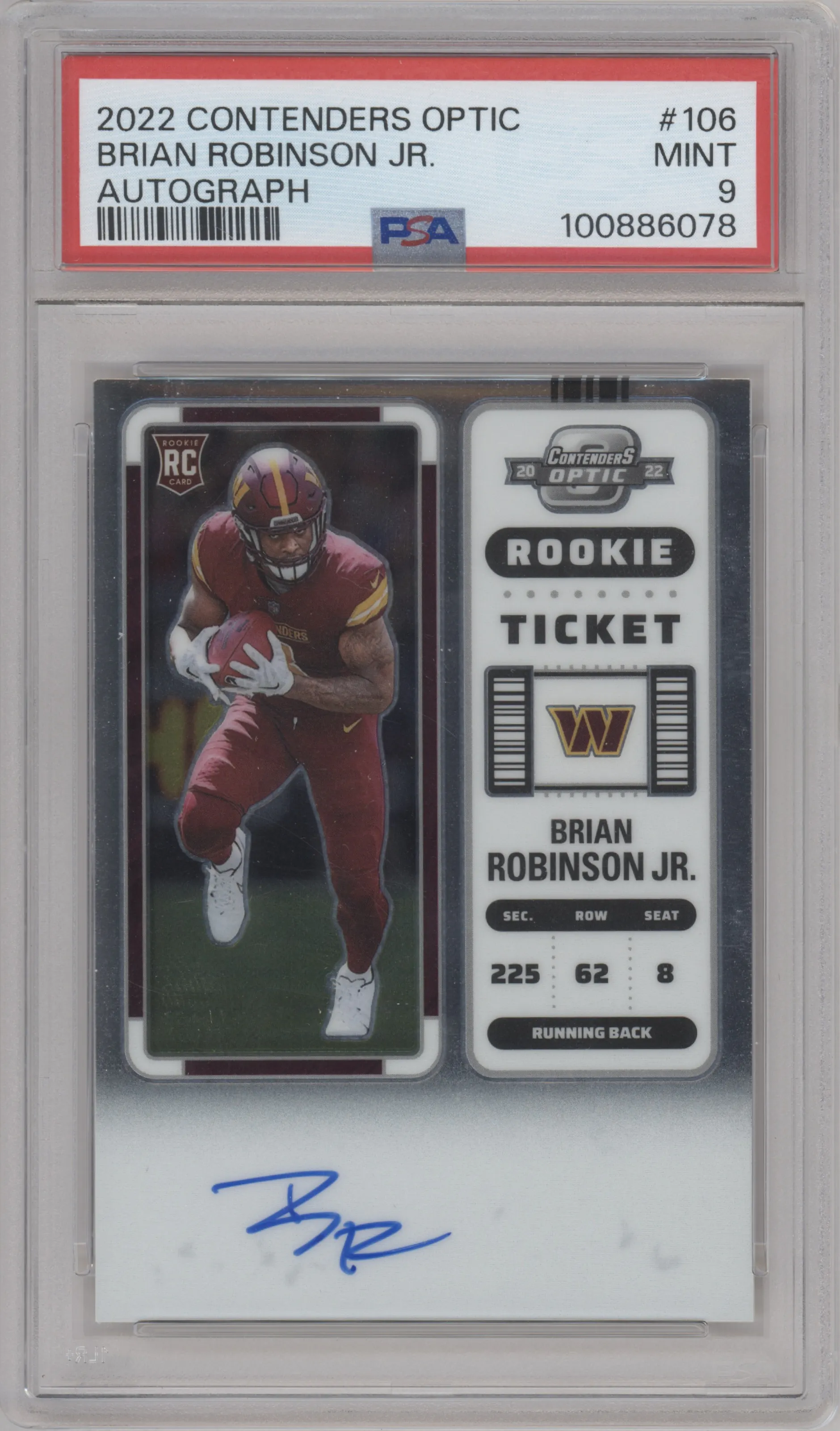 2022 Panini Contenders Optic Rke.Tkt.Auto Brian Robinson Jr. #106 PSA 9