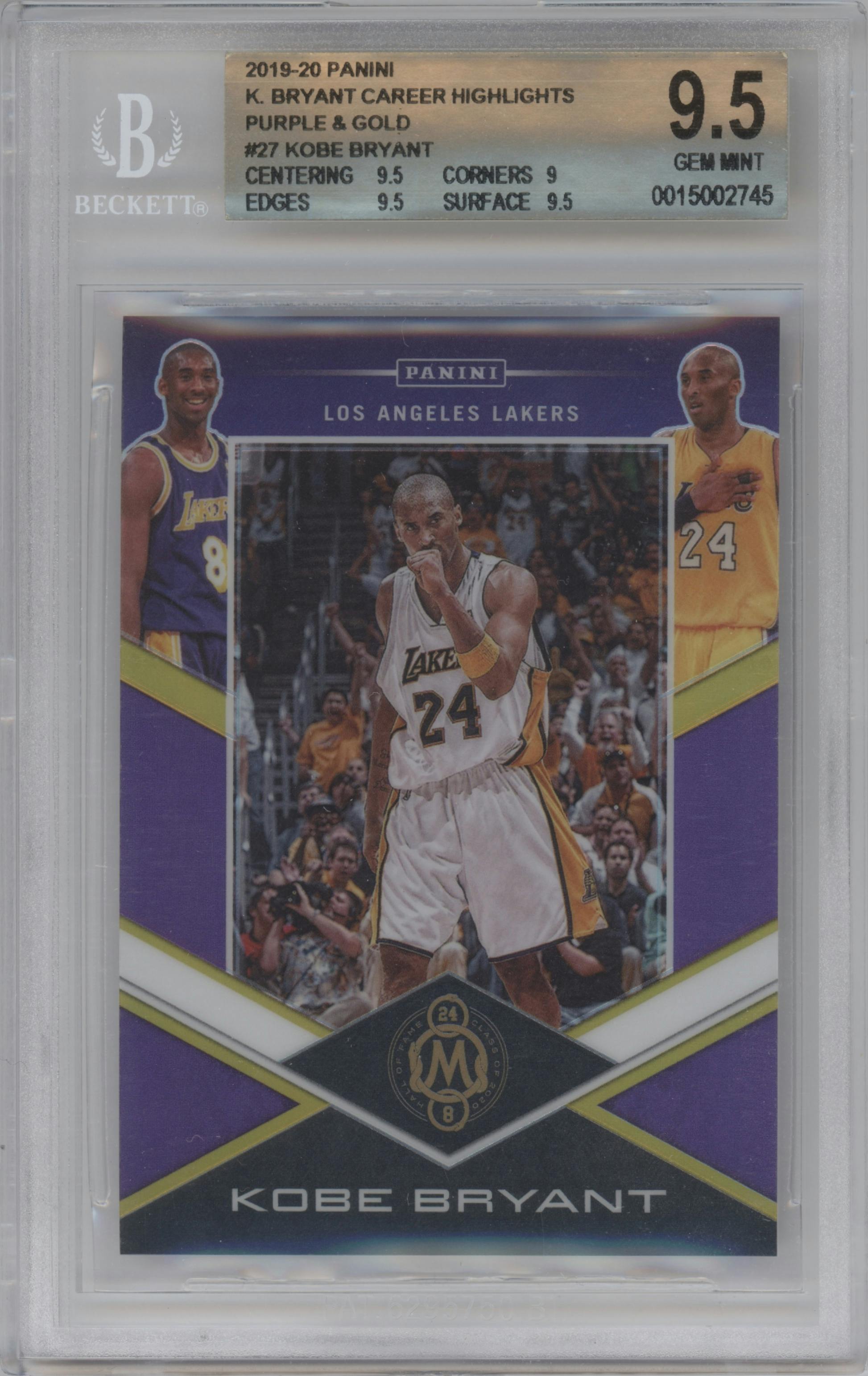 Kobe Bryant from the 2019-20 Panini Kobe Bryant Career Highlights set featuring a Purple & Gold parallel graded by Beckett and given an overall grade of 9.5.