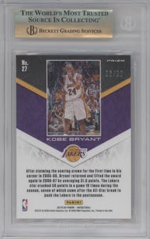 Kobe Bryant from the 2019-20 Panini Kobe Bryant Career Highlights set featuring a Purple & Gold parallel graded by Beckett and given an overall grade of 9.5.