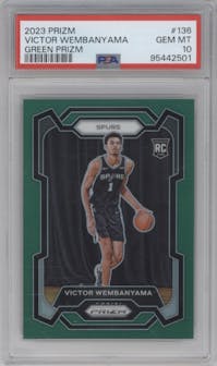 Victor Wembanyama from the 2023-24 Panini Prizm set featuring a Green Prizm parallel graded by PSA and given an overall grade of 10.