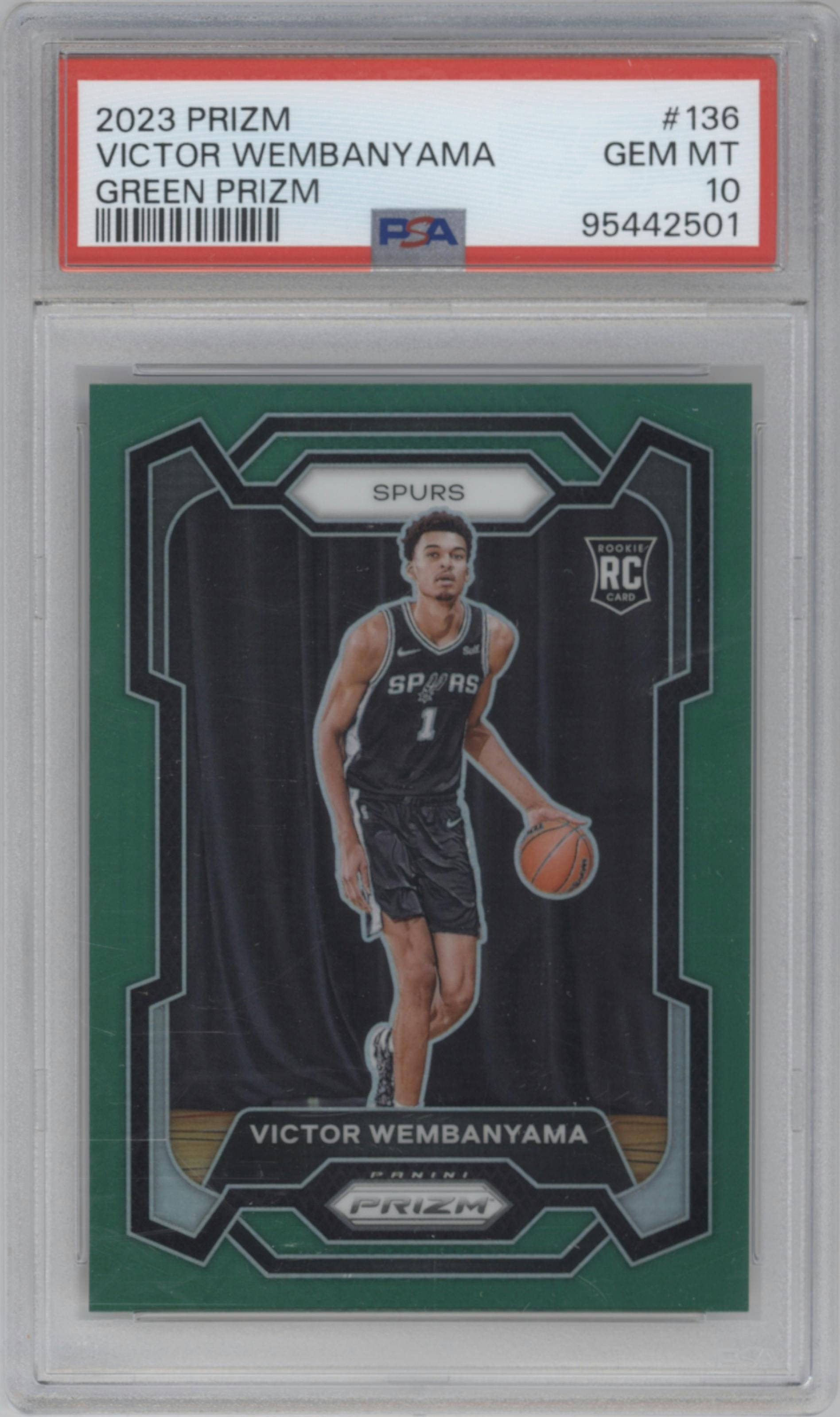 Victor Wembanyama from the 2023-24 Panini Prizm set featuring a Green Prizm parallel graded by PSA and given an overall grade of 10.