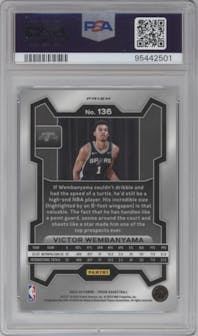Victor Wembanyama from the 2023-24 Panini Prizm set featuring a Green Prizm parallel graded by PSA and given an overall grade of 10.