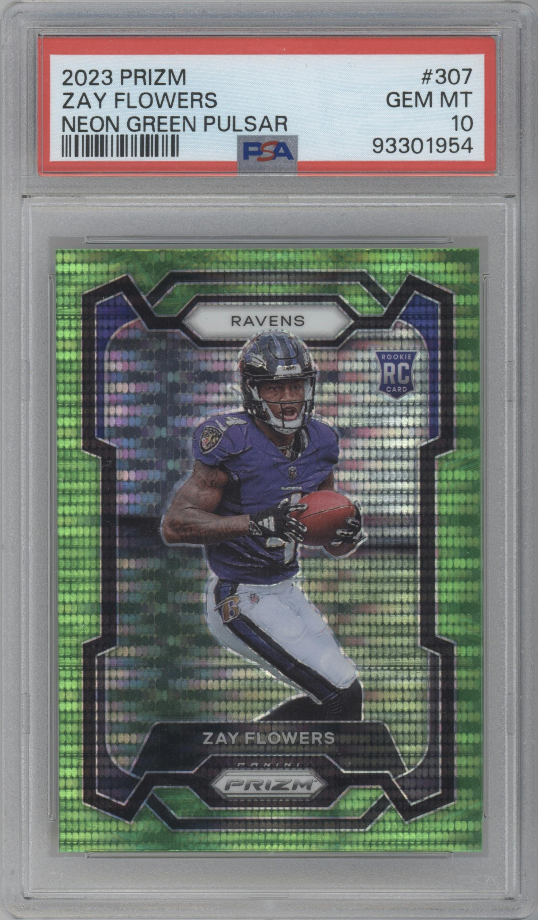 Zay Flowers  from the 2023 Panini Prizm set featuring a Neon Green Pulsar parallel graded by PSA and given an overall grade of 10.
