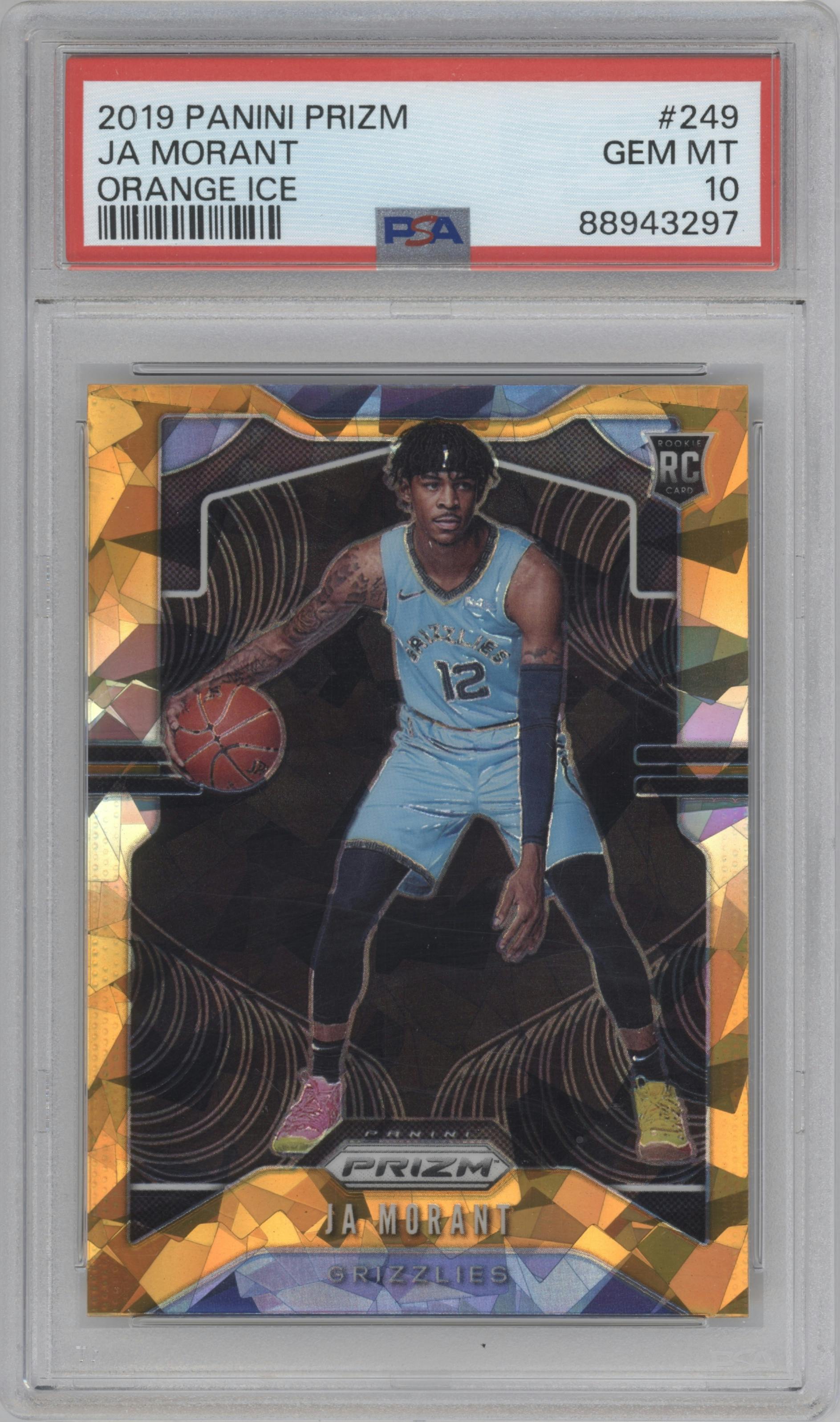 Ja Morant from the 2019-20 Panini Prizm set featuring a Orange Ice parallel graded by PSA and given an overall grade of 10.