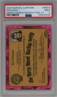 Iron Man from the 2025 Topps Chrome Sapphire Edition Marvel  set featuring a Padparadscha parallel graded by PSA and given an overall grade of 9.