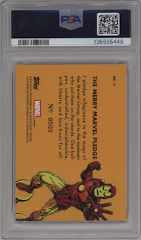 Iron Man from the 2025 Topps Chrome Sapphire Edition Marvel  set featuring a Padparadscha parallel graded by PSA and given an overall grade of 9.