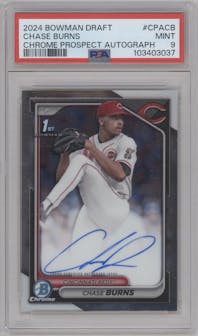 Chase Burns from the 2024 Bowman Draft set graded by PSA and given an overall grade of 9.