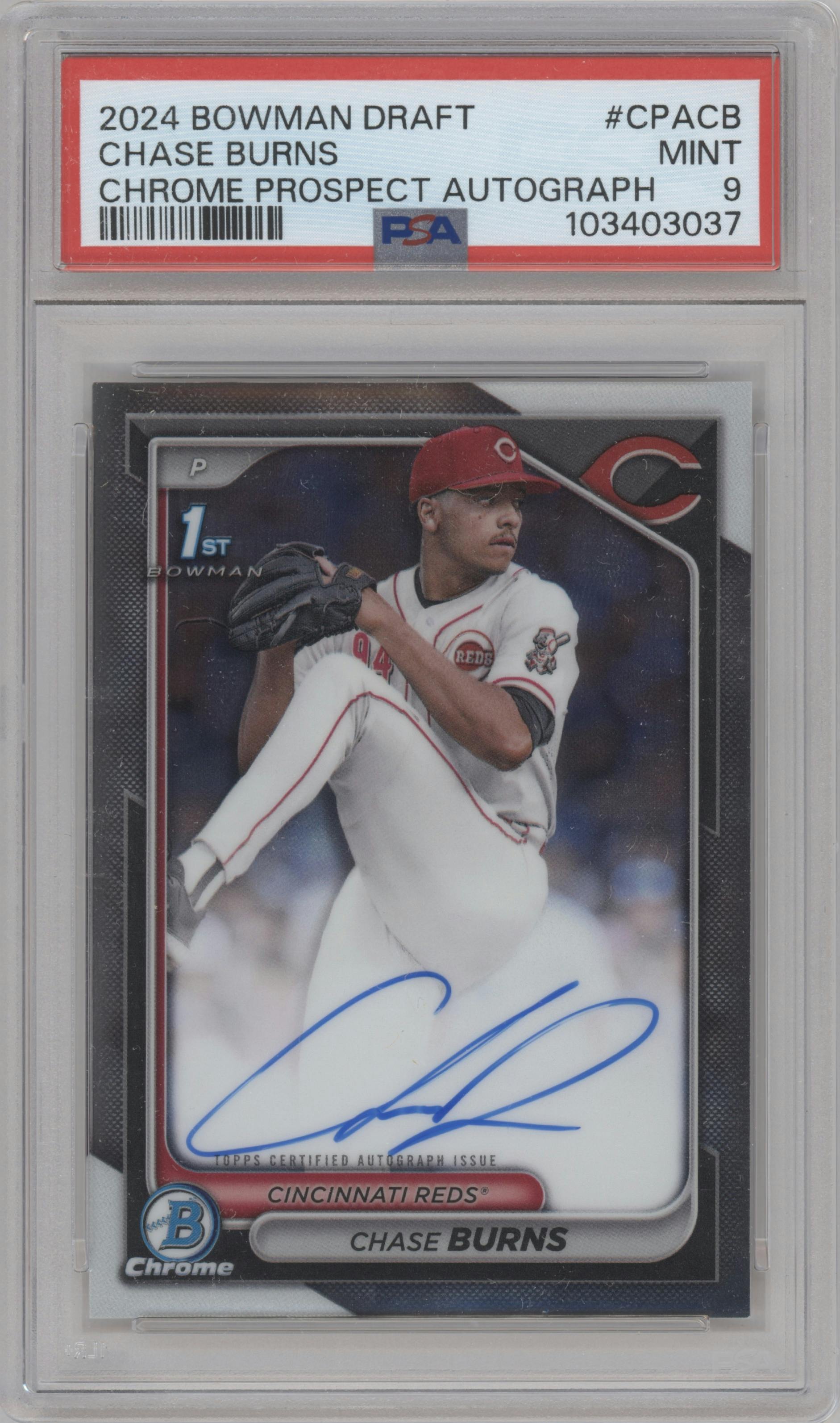 Chase Burns from the 2024 Bowman Draft set graded by PSA and given an overall grade of 9.