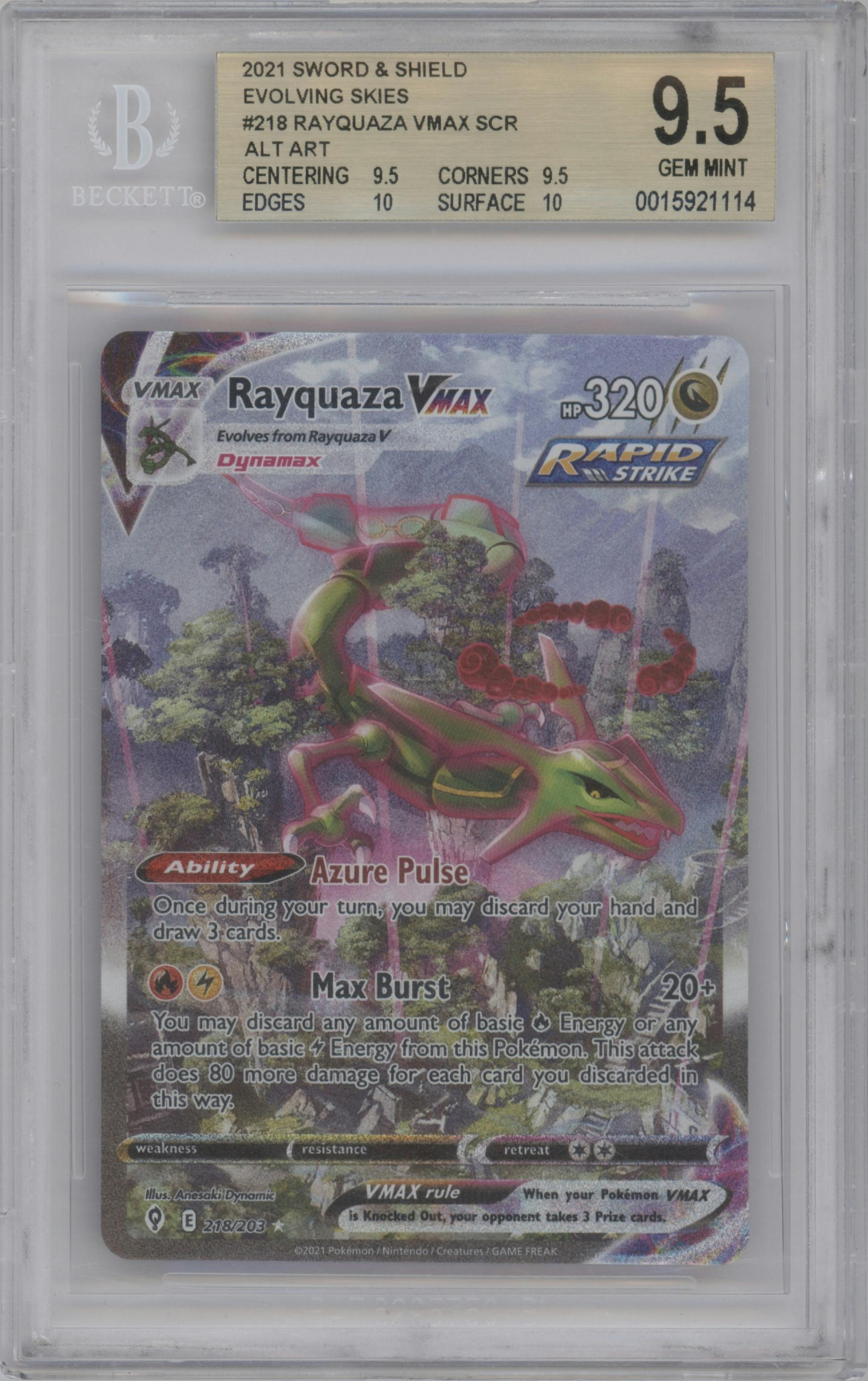 Rayquaza VMAX from the 2021 Pokemon SWSH set graded by Beckett and given an overall grade of 9.5.