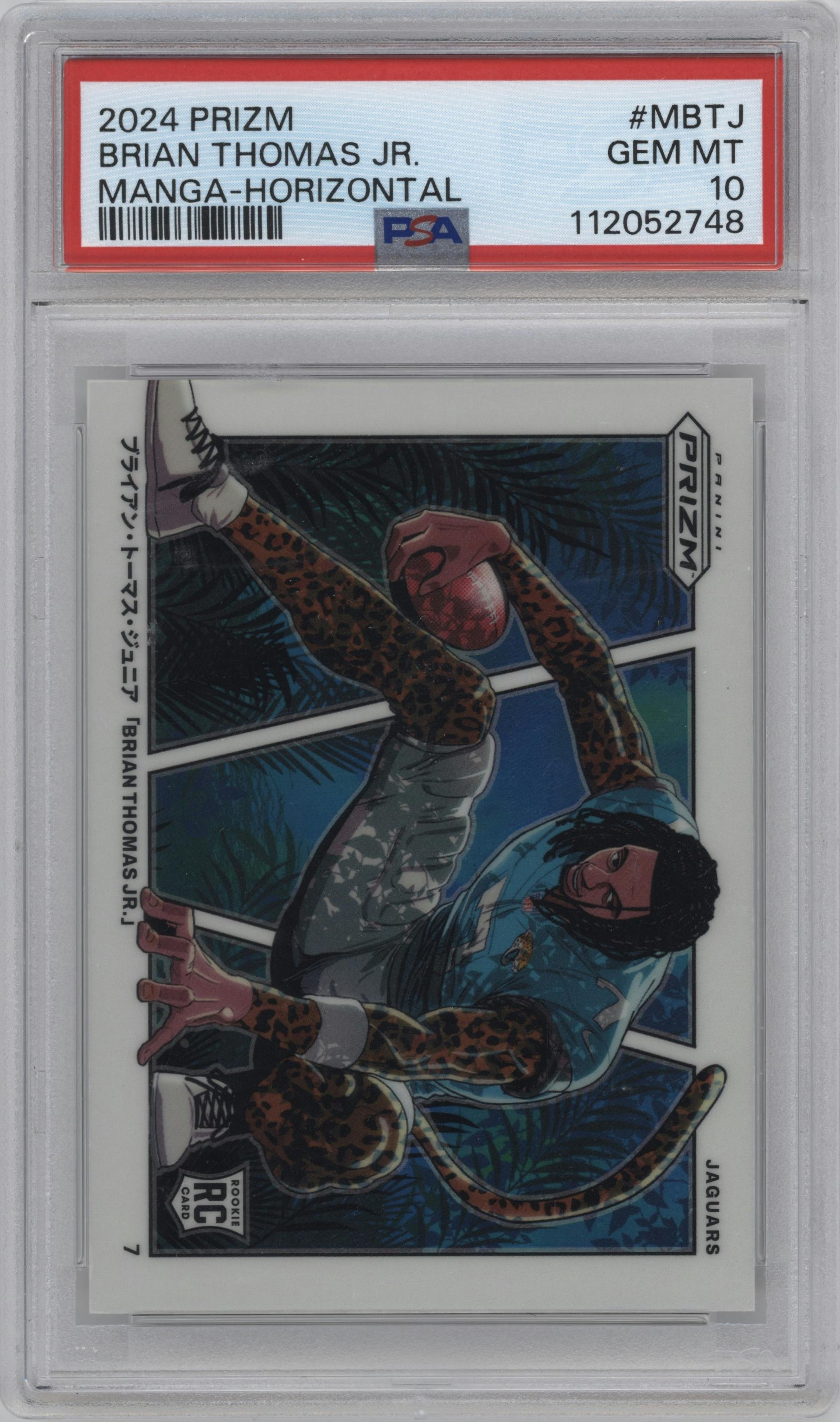 Brian Thomas Jr. from the 2024 Panini Prizm set graded by PSA and given an overall grade of 10.